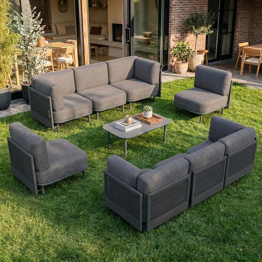 LayinSun 9 Pieces Patio Furniture Set with Coffee Table, Modern Outdoor Modular Sectional Conversation Set L-Shaped Sofa with 7-inch Cushion for Garden Backyard Deck