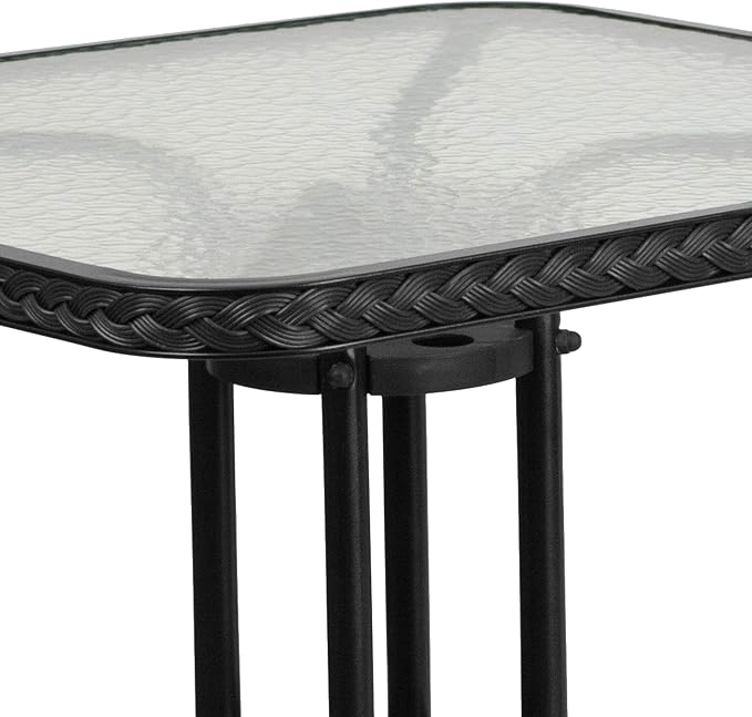 EMMA + OLIVER 28" Square Tempered Glass Metal Table with Black Rattan Edge
