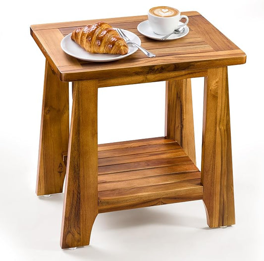 Tinamo Teak Storage Adirondack Side Table - 330LBS Capacity 2-Tier Wooden Outdoor Side Table, Patio Table for Patio, Garden, Lawn - Sturdy Wood Outdoor End Table - Assembly Required (Patent Pending)
