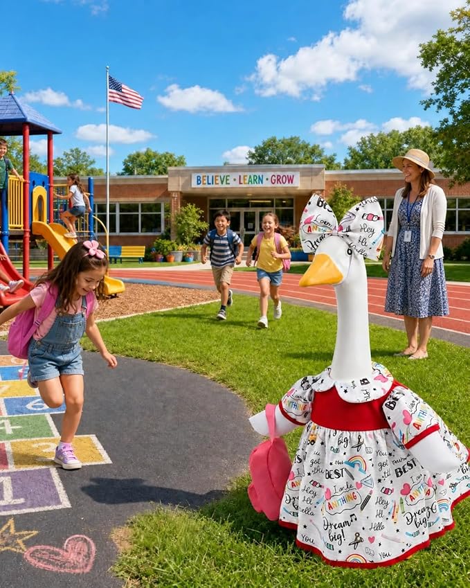 Back to School Porch Goose Outfit with Tote Bag & Bow, 23" Lawn Cement Goose Clothes for School Classroom, Patio Yard Garden Geese Decoration Gift for Mom Grandma