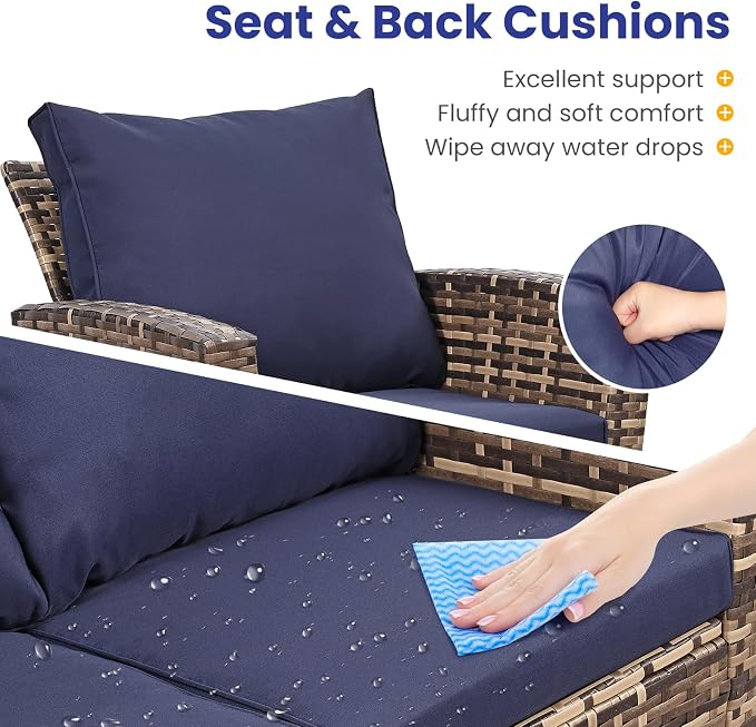 FHFO 4 Piece Outdoor Wicker Patio Furniture Set, Yellow/Blue | Sectional Sofa | All-Weather Hand-Woven Rattan | Tempered Glass Coffee Table | Durable Fabric | Indoor & Outdoor Use