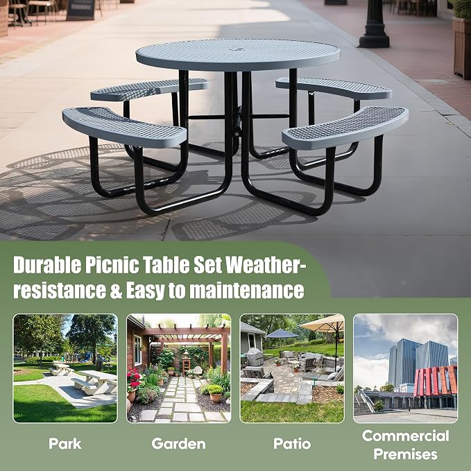 46" Round Picnic Tables for Outdoors,Commercial Metal Picnic Table Bench Set W/ Umbrella Hole,Restaurant School Canteen Tables W/Seats - Heavy Duty Sturdy Picnic Tables for Patio Garden Coffee Shop