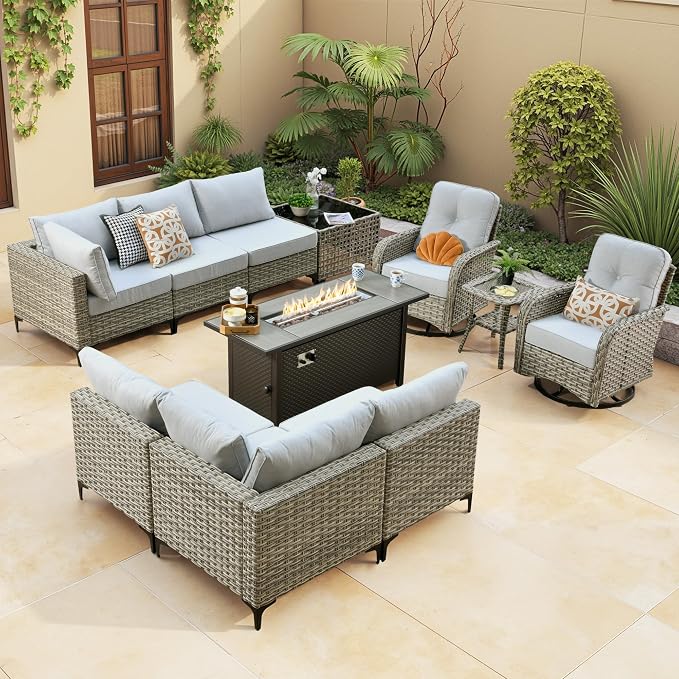 Outdoor Sectional Patio Furniture Set with Fire Pit Table,11 Pieces Rattan Wicker Conversation Sets L Shaped Couch,Out Door Furniture with Swivel Chairs Glowing Coffee Table,Light Grey