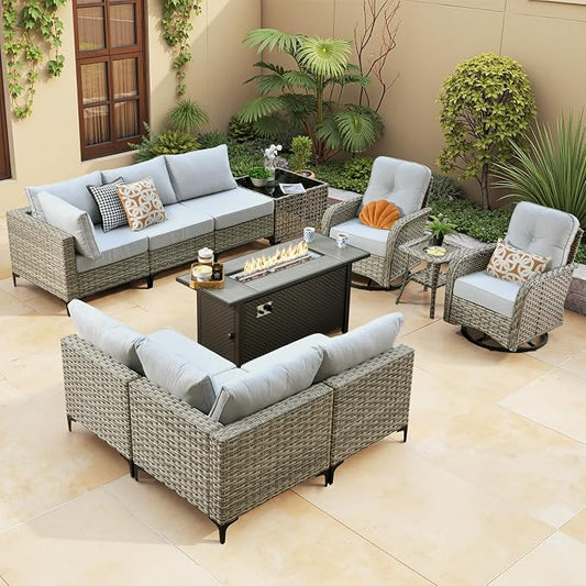Outdoor Sectional Patio Furniture Set with Fire Pit Table,11 Pieces Rattan Wicker Conversation Sets L Shaped Couch,Out Door Furniture with Swivel Chairs Glowing Coffee Table,Light Grey
