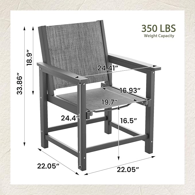 UDPATIO HDPE Dining Chair Set of 2, Heavy Duty Extra-Wide Outdoor Chairs with 360 lb Load Capacity, Easy to Assembly, All-Weather Seating for Patio, Pool, Garden, Backyard,Light-Grey