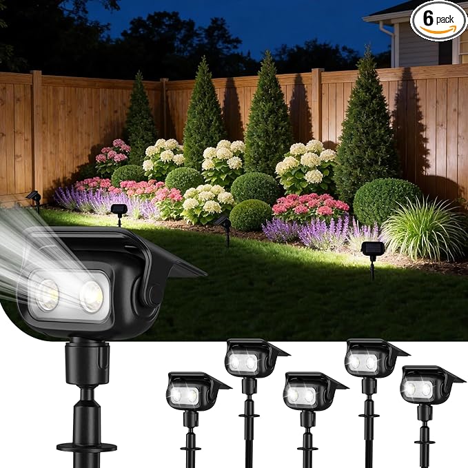 ROSHWEY Solar Spot Lights Outdoor, Waterproof Spotlights with 2 Brightness Mode, Landscape Lighting Solar Lights for Garden, Yard, Pathway (Cool White, 6 Pack)