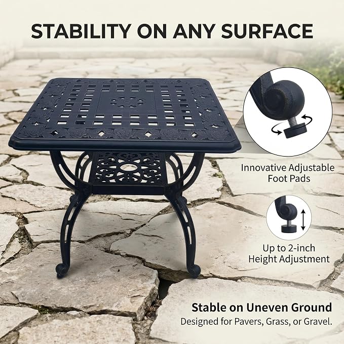 Square Outdoor Coffee Table, Cast Aluminum Side Table with Storage,Indoor End Table, All-Weather Bistro Table for Patio Garden Lawn,Black