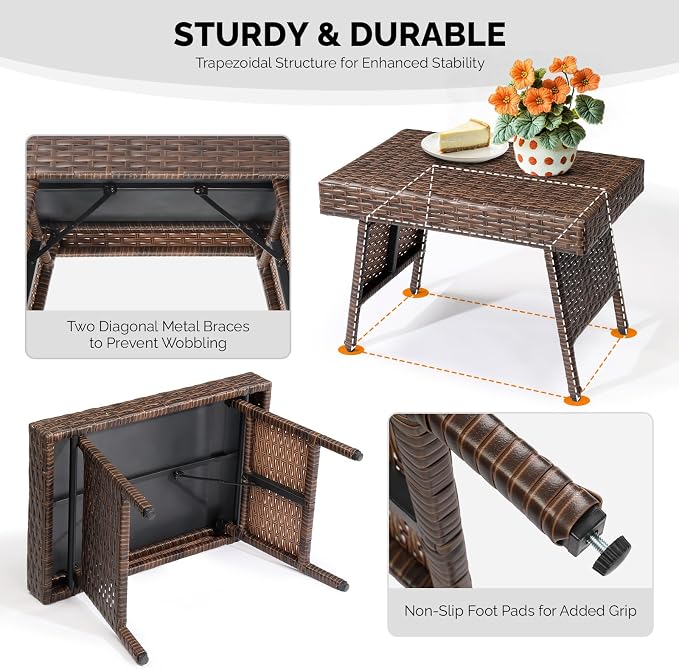 VINGLI Outdoor Folding Rattan Side Table, Portable Wicker End Table for Patio, Garden, Poolside, and Indoor Use, Mix Mocha