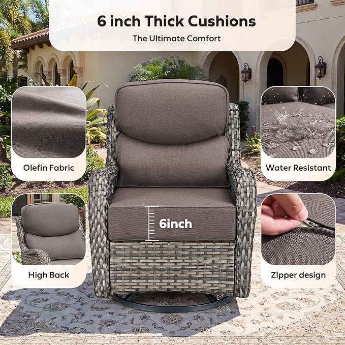 Rilyson Wicker Outdoor Swivel Rocker Chairs - All Weather Resistant Wicker Patio Furniture Set of 2 with High Back and 6 inch Thick Cushions for Deck Porch Yard and Poolside, Mixed Grey/Grey