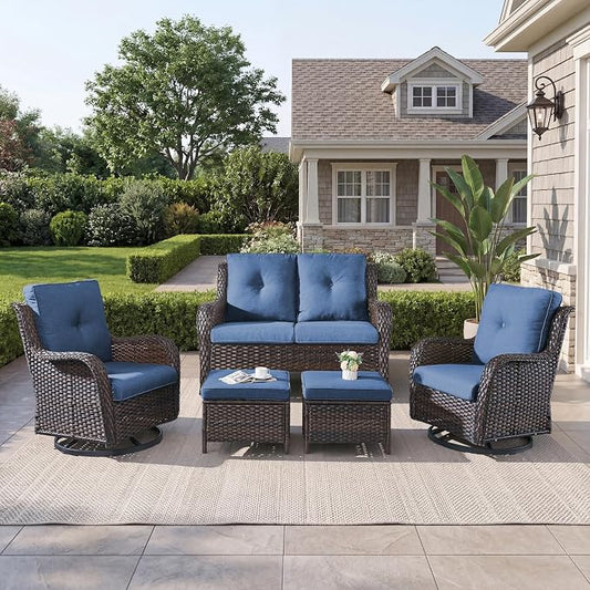 Belord 5 Piece Wicker Patio Furniture Set, Outdoor Swivel Rocker Chairs Set of 2 with Ottomans and Loveseat, All Weather Patio Conversation Furniture Set, for Porch Pool, Brown Wicker/Blue