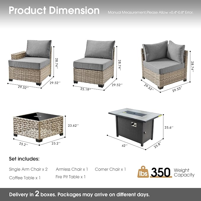 Outdoor Sectional Patio Furniture Set with Fire Pit,7 Pieces Rattan Conversation Sets,Out Door L Shaped Furniture with Glowing Coffee Table,Dark Grey