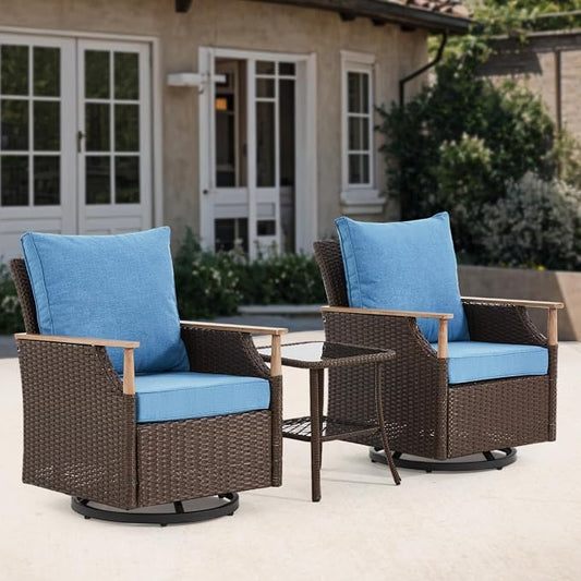 MELLCOM 3 Pieces Patio Furniture Set, Wicker Swivel Glider Chairs with Side Table and Thick Cushions, All Weather Rattan Bistro Set for for Patio, Garden, Backyard and Porch