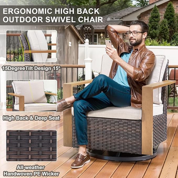 Belord Social 5 Pieces Patio Furniture Set - Swivel Rocker Glider Outdoor Chairs Set of 4 with 50000BTU Propane Fire Pit Table, Durable Wicker Outdoor Conversation Set for Casual Gathering