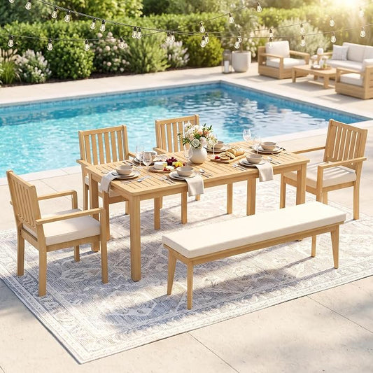 FansaFurn 6 Pieces Acacia Outdoor Patio Table and Chairs Set for All-Weather, Outside Furniture with Table Umbrella Hole and Removable Cushion for 6, Outdoor Patio Furniture Set for Garden, Brown