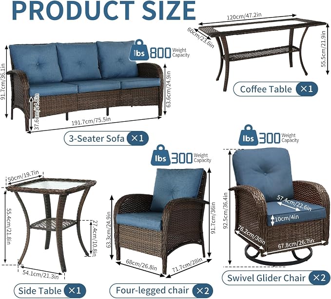 Outdoor Swivel Rocker Patio Chairs (Brown Wicker/Blue Cushion, 7PC/Sofa & Swivel & Chair &2 Table)