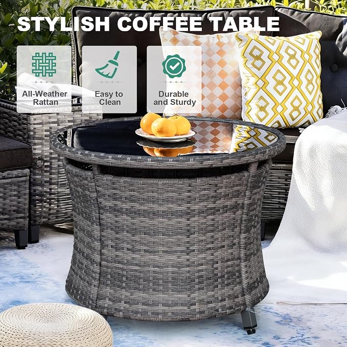 MEISSALIVVE 8-Piece Half-Moon Curved Outdoor Patio Furniture Set, Sectional Conversation Sofa with 2 Half-Moon Ottomans, Round Coffee Table for Backyard Deck Garden, Black