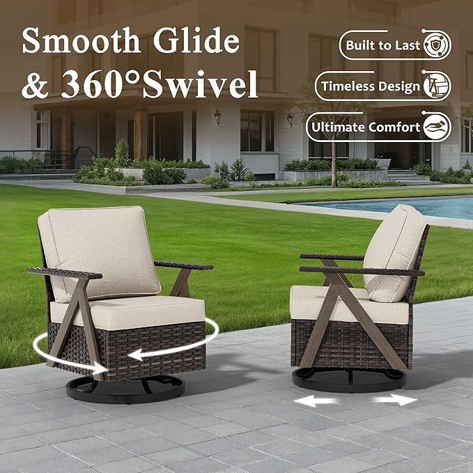 Outdoor Swivel Rocker Chairs, 3 Pieces Wicker Swivel Patio Chair with Rattan Side Table, Patio Furniture Set for Outside Porch Deck