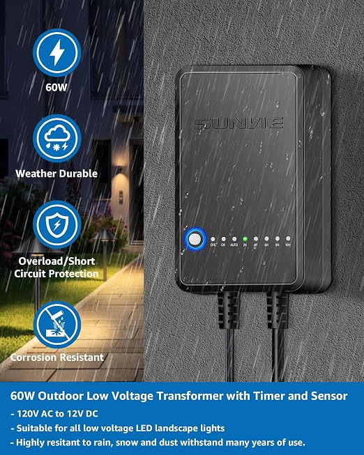 SUNVIE 60W Low Voltage Landscape Transformer with Timer and Photocell Sensor, 120V AC to 12V DC Landscape Lighting Transformer Weatherproof Low Voltage Transformer for Landscape Lights Pathway Lights | 120V AC to 12V DC Landscape Lighting Transformer W...
