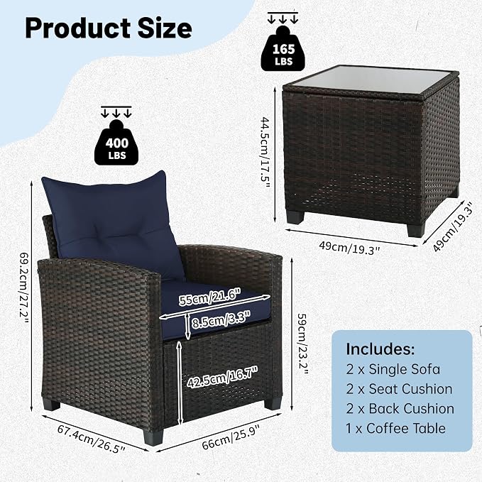 SHGJ&SOFT 3 Pieces Patio Furniture Set, Outdoor Conversation Set with Cushions, PE Rattan Wicker Bistro Set and Tempered Glass Tabletop, Outdoor Rattan Sofa for Poolside,Porch,Balcony (Navy Blue)