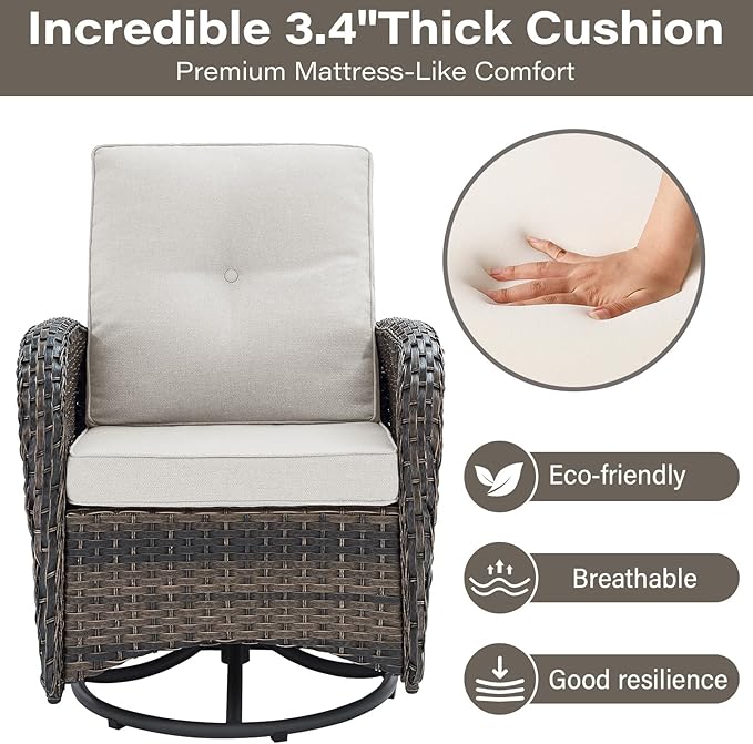 Belord 5 Pieces Patio Furniture Set with 30” Propane Fire Pit Table, Deep Seating Swivel Rocker Glider Outdoor Chairs Set of 4 with Side Table Set of 2 Patio Conversation Set Brown Wicker