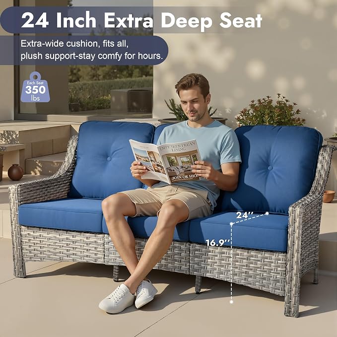 6 PCS Patio Furniture Set, Deep Seat High Back Outdoor Conversation Set with Ottomans, Wicker Outside Furniture with Solar Light Coffee Table for Porch Backyard Balcony, Sunroom, Navy Blue