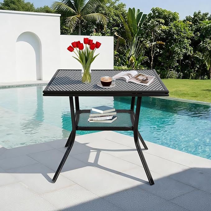 35.2" Square Outdoor Bistro Table, All-Weather PE Rattan Patio Side Table w/Sturdy Metal Frame & Adjustable Foot Pads, Wicker Dining Table for Poolside Backyard Garden Balcony, Black/White