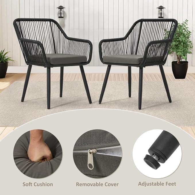 ECOTOUGE 5 Piece Patio Dining Set, Wicker Outdoor Furniture Set w/Glass Table, 4 PCS Chairs w/Waterproof Cushions for Backyard Garden Deck (Grey/Black, Round)