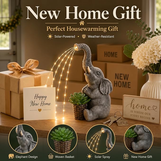 Lyeasw Solar Elephant Statue Lights, Good Luck Gift for Mom, Dad & Grandma, 10.5 Inch Outdoor Elephant Garden Decor for Yard, Porch or Patio, Birthday & Housewarming Gift