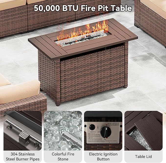 LazySunsets 15-Piece Patio Furniture Set with 44" Fire Pit Table, Wicker Outdoor Furniture, Patio Conversation Sets with Coffee Table, Outdoor Sectional Couch, Beige