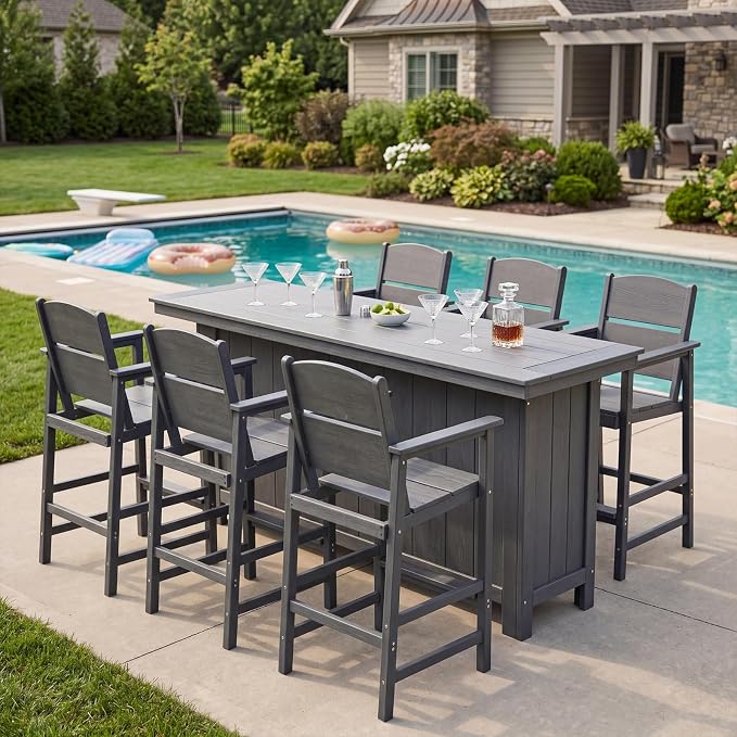 4 Pack HDPE Outdoor Bar Height Chairs, 28.5" All-Weather Patio Stools with Comfortable Armrests, Heavy-Duty Poly Wood High Top Seating for Outdoor Kitchen/Garden/Fire Pit/Backyard, Grey