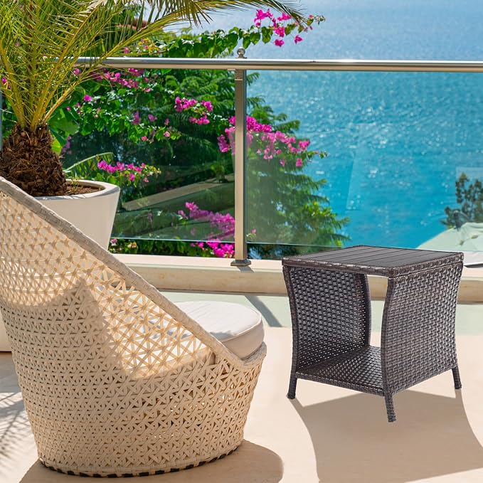 Outdoor Patio Side Table Set of 2 Small Brown Wicker Rattan End Table for Outside Storage Coffee Table with Poly Lumber Table Top for Garden Lawn Pool Porch Deck