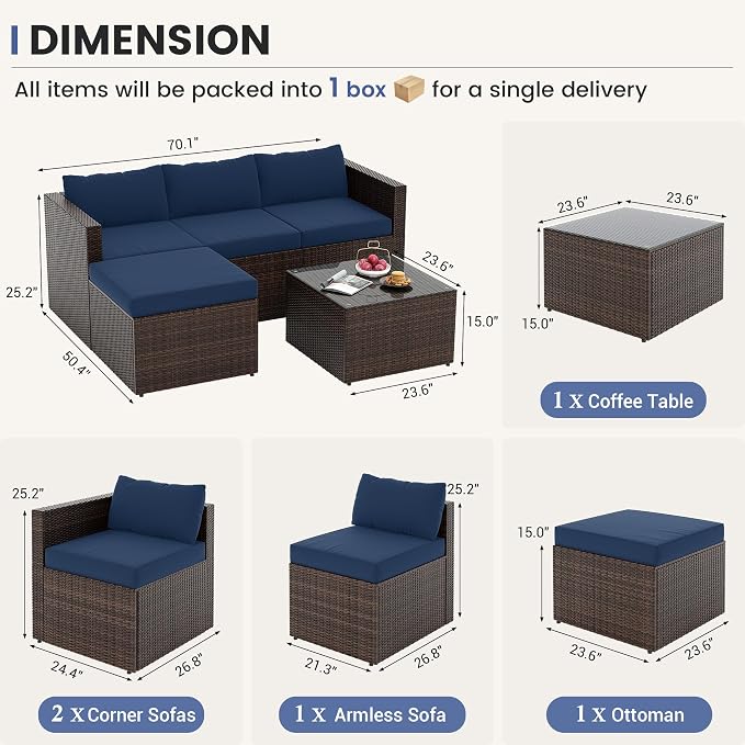 UDPATIO 5 Piece Patio Furniture Set, All-Weather Wicker Outdoor Sectional Sofa,Rattan L Shaped Outdoor Conversation Patio Sectional with Ottoman, Glass Table for Balcony Porch Backyard,Navy Blue