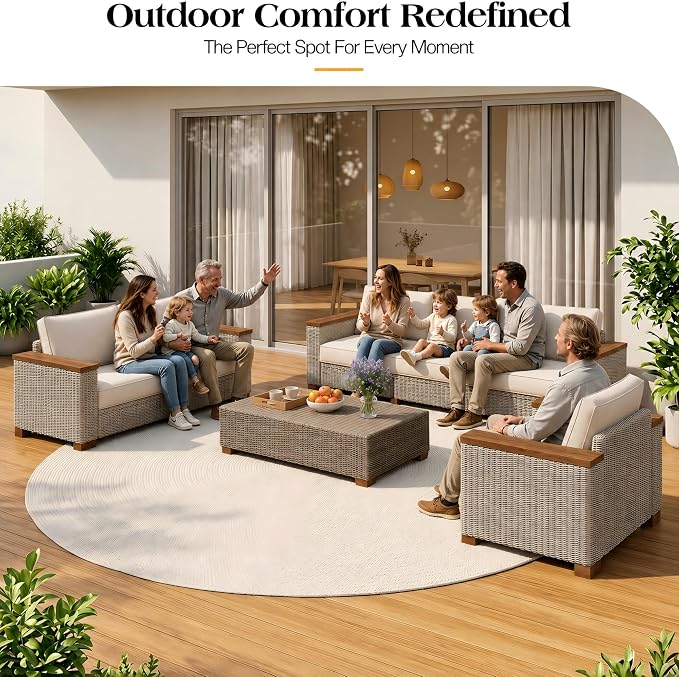 PaPaJet 6-Piece Wicker Patio Furniture Set with Solid Wood Armrest, Outdoor Patio Set with Thick Legs, UV-Resistant Modular Outdoor Sectional Sofa for Backyard, Porch, Garden