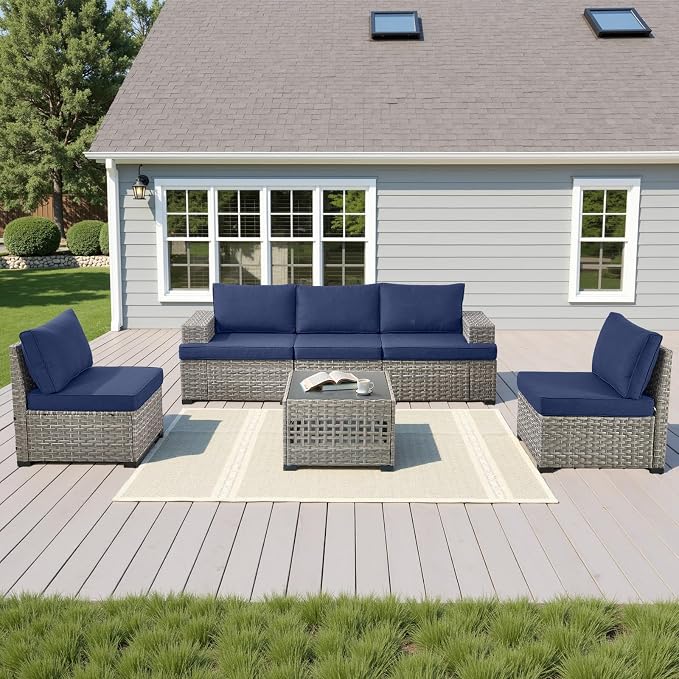 Belord 6 Piece Wicker Patio Furniture Set - 10" Wide Armrests Outdoor Sectional Couch, 5-Seater Modular Patio Conversation Set with Glass Coffee Table for Deck Sunroom Backyard