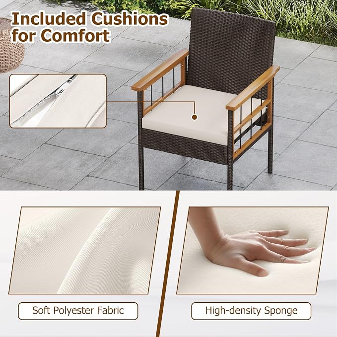 HAPPYGRILL Patio Furniture Set Outdoor Rattan Wicker Conversation Set with Acacia Wood Coffee Table, Chairs, Loveseat & Cushions, for Porch, Garden, Backyard, Poolside (4 Pieces)