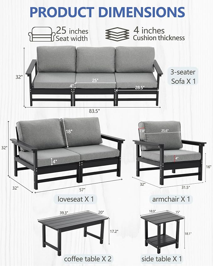 HDPE Outdoor Patio Furniture Set, 9-Piece Sofa Set with 3-Seat Couch, Loveseat Sofa, Armchair,Side Table & 2 Coffee Tables, Weatherproof Conversation Set with Cushions,for Garden, Porch & Backyard