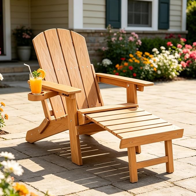 Outdoor Foldable Adirondack Chair with footrest,Patio Recliner,3-Level Adjustable Backrest,Hidden Ottoman,Ergonomic Design,Ideal for Patio,Camping, Pool Use.(Natural)