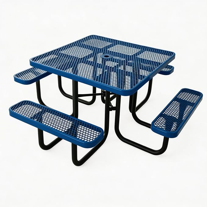 Garvee Heavy Duty Metal Picnic Tables for Outdoors with Umbrella Hole, 46" Square Top Patio Table Coated Steel Commercial Grade Furniture Set Weather & Rust Resistant (Expanded Steel, Black)