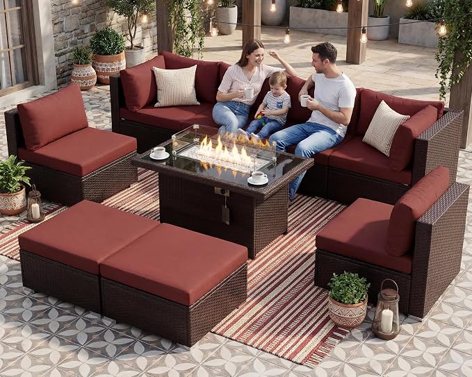 NICESOUL 9 Pcs Large Outdoor Patio Furniture Set with Firepit Natural Gas & Propane, 29.3 High Back Comfy Conversations Sofa Sets Modular, Wide Sectional for Heavy Weight, Brown Rattan and Red Cushion