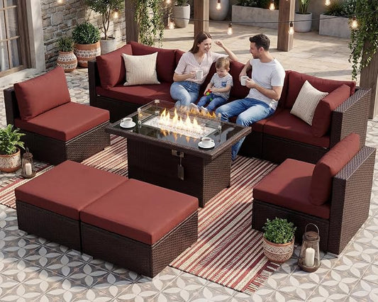 NICESOUL 9 Pcs Large Outdoor Patio Furniture Set with Firepit Natural Gas & Propane, 29.3 High Back Comfy Conversations Sofa Sets Modular, Wide Sectional for Heavy Weight, Brown Rattan and Red Cushion