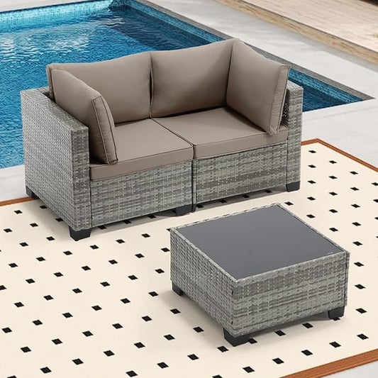 Bonzy Home 3 Pieces Outdoor Patio Furniture Set, PE Rattan Outdoor Sectional Furniture Sofa Set with Removable Cover and Glass Coffee Table, Patio Sofa for Balcony, Porch, Garden, (Grey-Khaki)