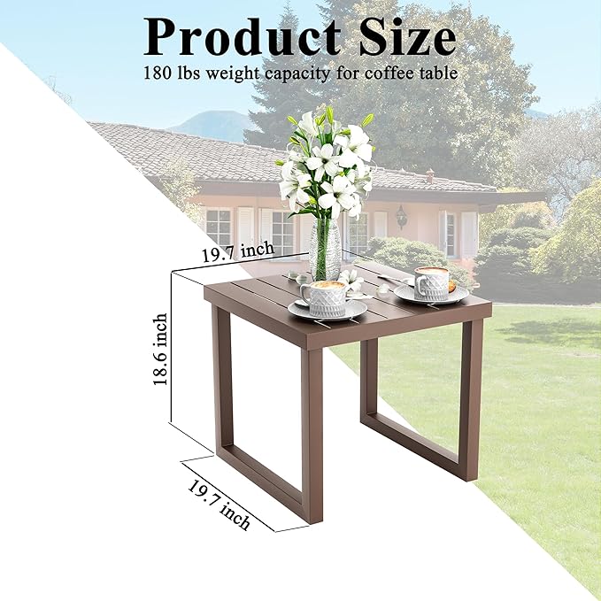 20" Aluminum Outdoor Side Table with Tapered Legs, Square Patio End Table with Geometric Slatted Top, All-Weather Coffee Table for Garden, Deck and Porch, Brown