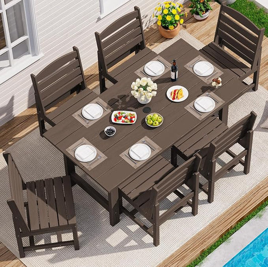 SERWALL 7-Pc HDPE Patio Dining Set, 1 Table & 6 Armless Chairs, Coffee | HDPE Outdoor Dining Set with Rectangular Table & 6 Armless Chairs, All-Weather Resistant SERWALL Dining Set for 6