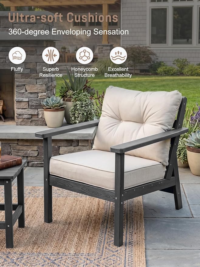 HDPE Patio Conversation Set 5 Seats, Outdoor Furniture Set, Patio Sofa Set | Water-Resistant Thick Cushion, HDPE All Weather, Wood-Grain, No Rot or Rust or Crack, UV Fade Shield, Easy-Clean for Outside