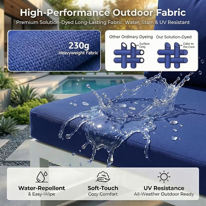RADIATA 9 Pcs Oversized Contemporary Aluminum Patio Furniture Set, All Weather Modular Sectional Sofa with Tanning Chair & Fireplace, 500 lbs Heavy Duty Comfy Outdoor Couch for Beach Deck, Navy Blue