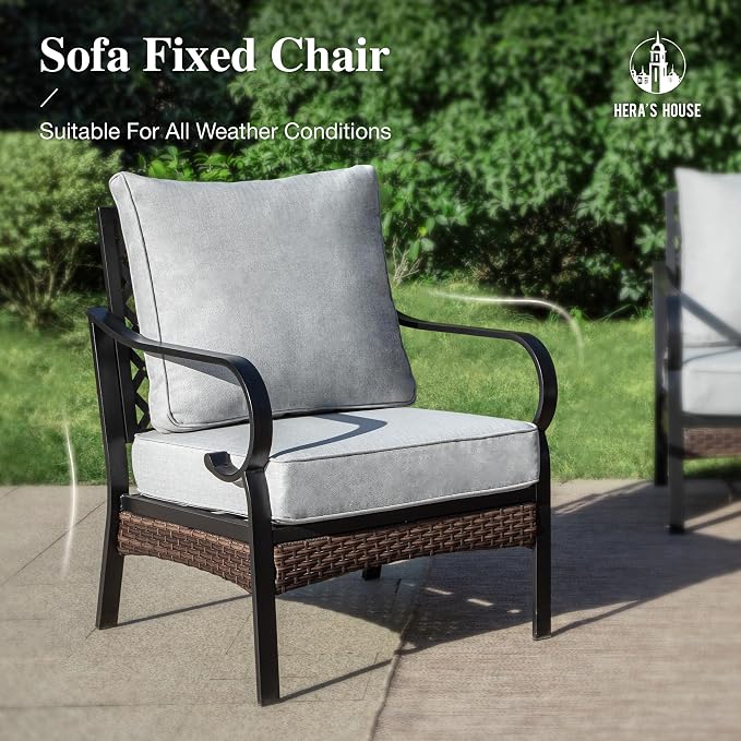 HERA'S HOUSE 4 Piece Metal Patio Furniture Set, All Weather Outdoor Conversation Set with 3 Seat Sofa, 2 x Cushioned Fixed Chair & Coffee Table, Seats 5 for Backyard, Garden, Deck, Light Grey