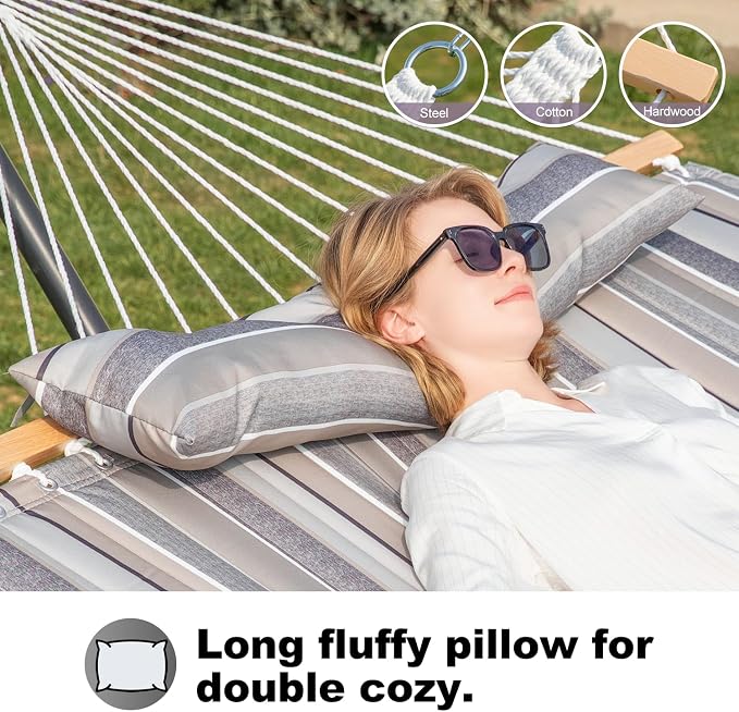 GAFETE 2 Person Hammock with Stand for Outside, Heavy Duty Steel Stand, 55inch Double Hammocks, Large Removable Pillow, Storage Bags, Max 475 lbs Capacity (Peace Dove)