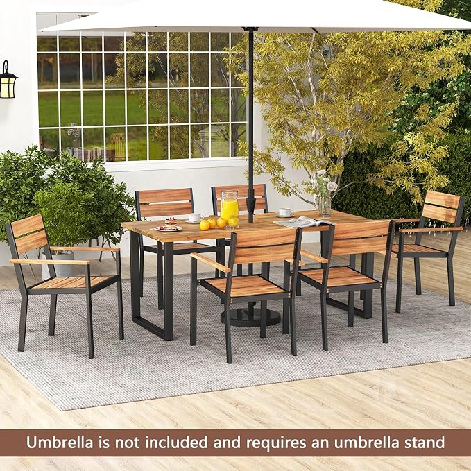 COSTWAY Outdoor Dining Set for 6, 63’’ x 32’’ Acacia Wood & Metal Patio Dining Table with 2'' Umbrella Hole, 6 Stackable Chairs, Ergonomic Armrests, 7 Pieces Dining Set for Backyard, Deck, Patio
