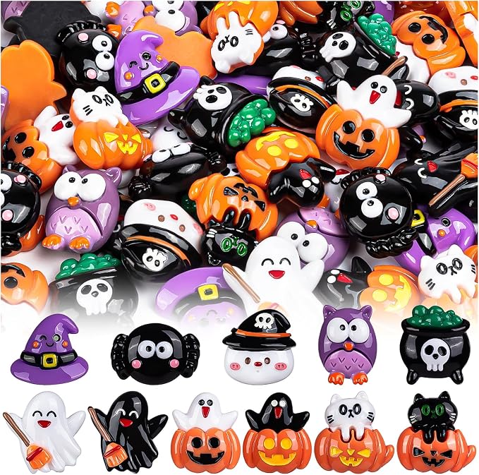 66PCS 11Styles Halloween Resin Flatback Charms Mini Resin Pumpkin Ghost | Halloween Garden Miniatures Figurines, DIY Garden Accessories Meeting Supplies Phone Case