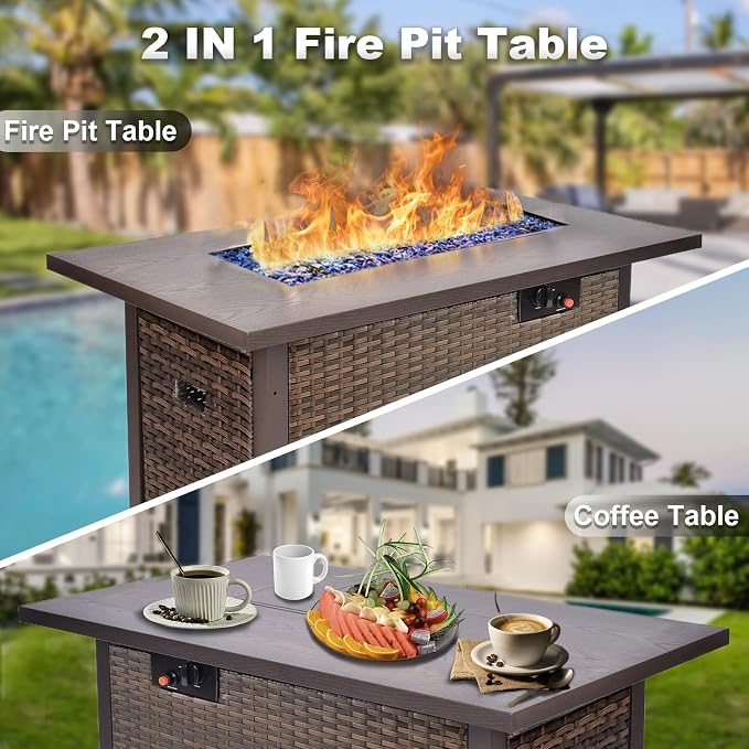Grezone 5 Piece Patio Furniture Set with 44" Fire Pit Table, Outdoor Sectional Couch, PE Rattan Patio Conversation Sets with 4inch Cushions for Backyard Black